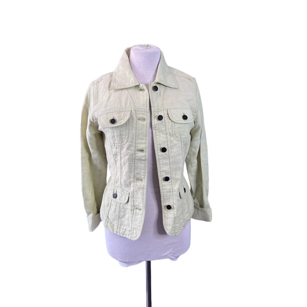 J Jill 100% Linen Lime Green Button Up Jacket Womens XXS